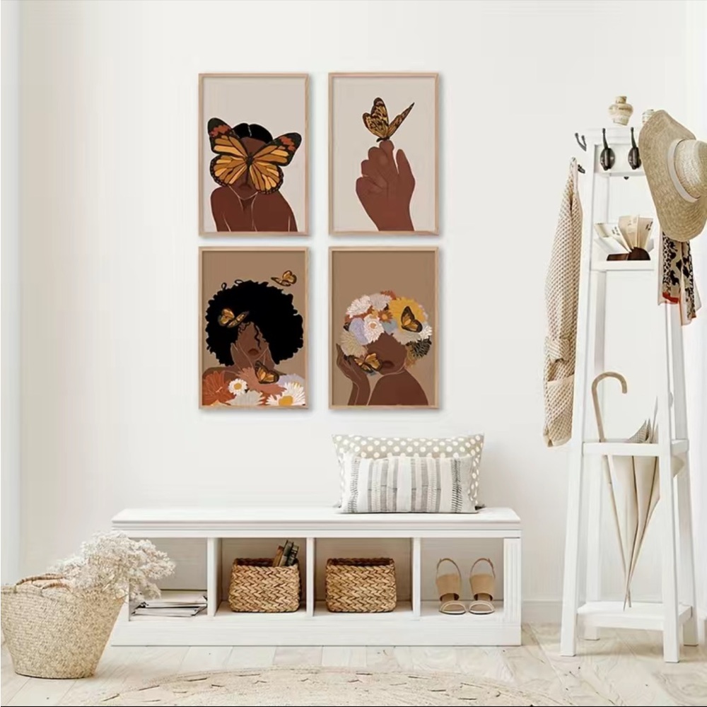 Black Women Butterfly and Flowers Set of 4 Wall Art